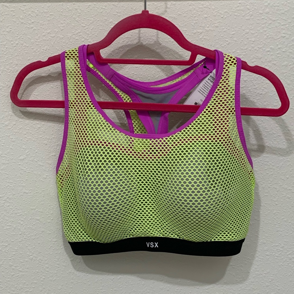Victoria's Secret VSX Angel Sports Bra In Neon Green Purple Mesh